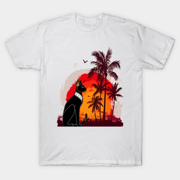 Black Cat Watching Sunset Palm Tree Beach T-Shirt by DjoDjo